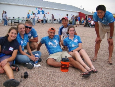 Renee, Jessie, David, Funkle, Will, Katie, and Brian hang out at the Benefit BBQ in Benkleman.