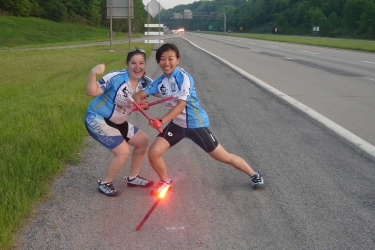 Katherine and Alice with flares given to them by a friendly police officer... ask them for the full story