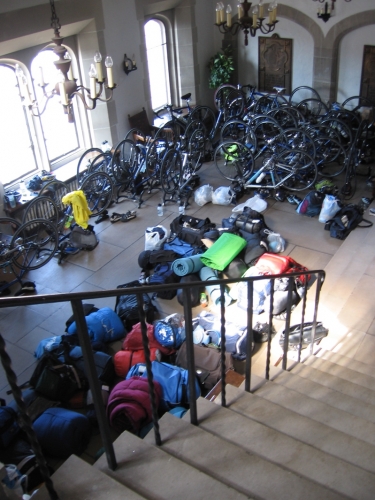 All the 4K gear (which fits into 2 minivans) in the pretty gothic lobby at Trinity Episcopal Church.