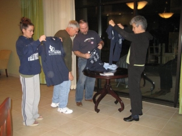 Handing out T-shirts at the Hope Lodge.